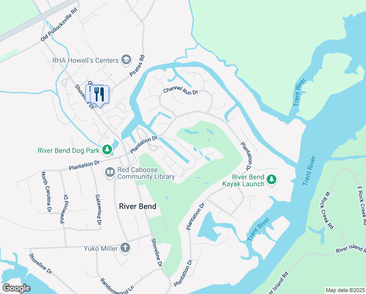 map of restaurants, bars, coffee shops, grocery stores, and more near 168 Quarterdeck Townhouses in New Bern