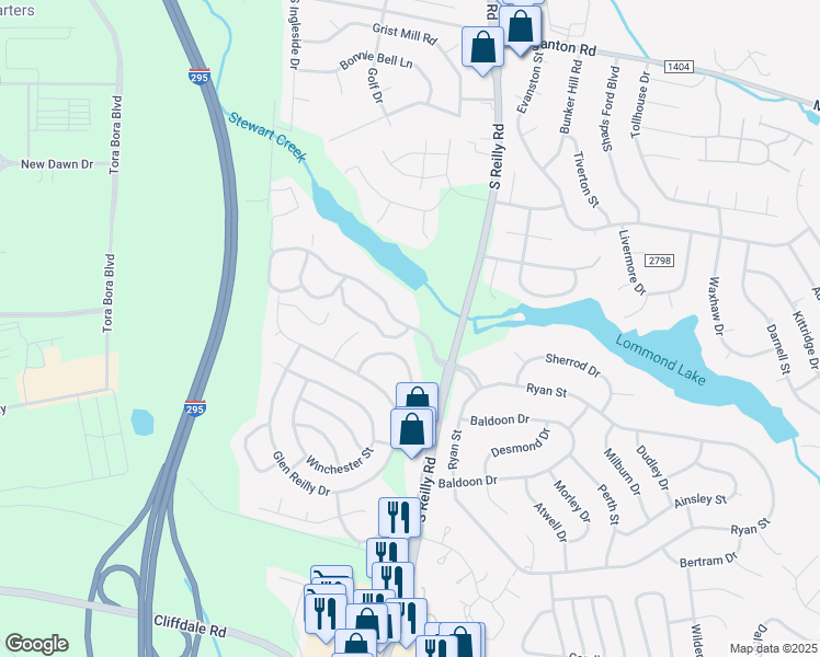 map of restaurants, bars, coffee shops, grocery stores, and more near 1002 Brookhollow Drive in Fayetteville