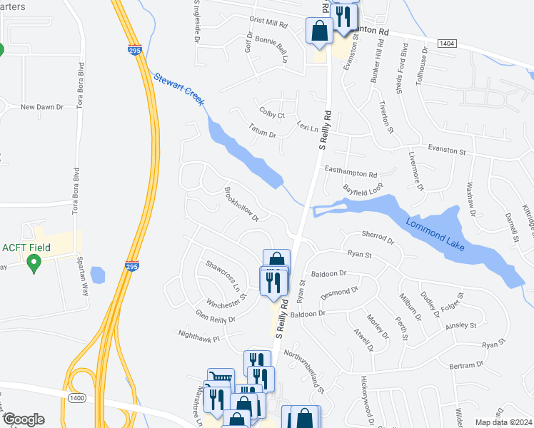 map of restaurants, bars, coffee shops, grocery stores, and more near 1002 Brookhollow Drive in Fayetteville