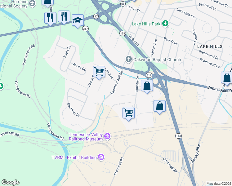 map of restaurants, bars, coffee shops, grocery stores, and more near 3917 Lightfoot Mill Road in Chattanooga