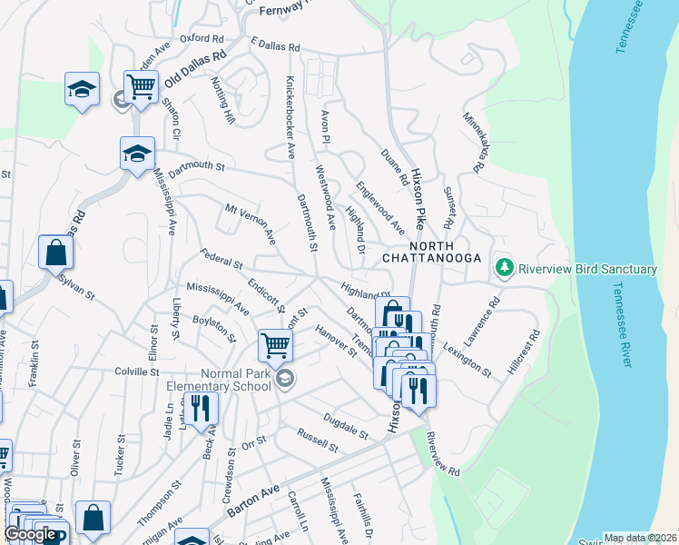 map of restaurants, bars, coffee shops, grocery stores, and more near 1119 Highland Drive in Chattanooga