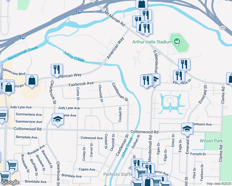 map of restaurants, bars, coffee shops, grocery stores, and more near 5184 Darlington Drive in Memphis