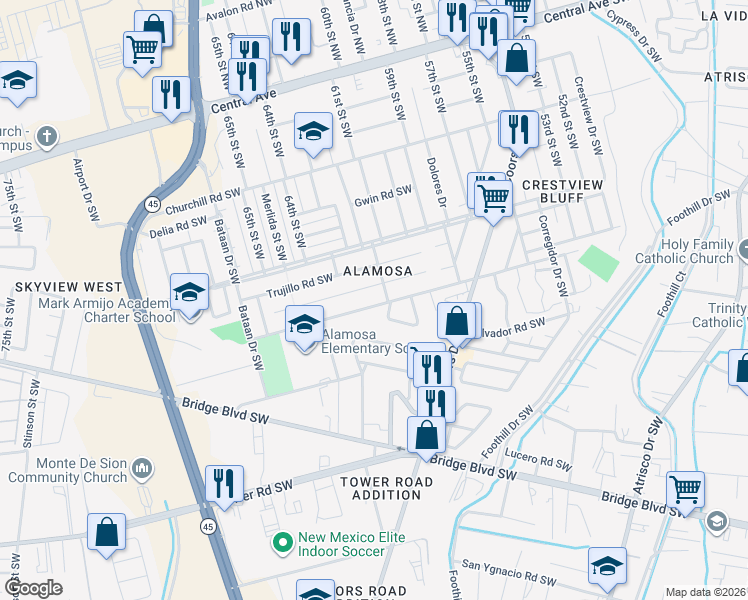 map of restaurants, bars, coffee shops, grocery stores, and more near 901 Field Street Southwest in Albuquerque