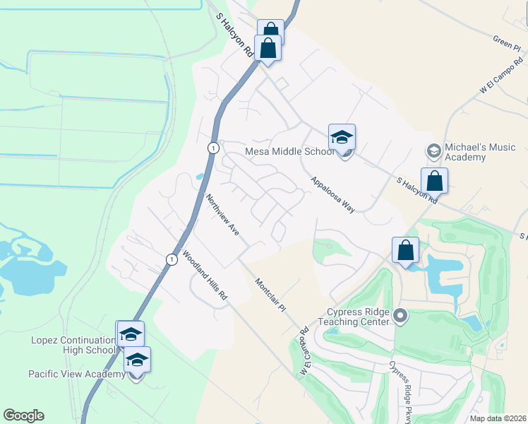 map of restaurants, bars, coffee shops, grocery stores, and more near 765 Mesa View Drive in Arroyo Grande