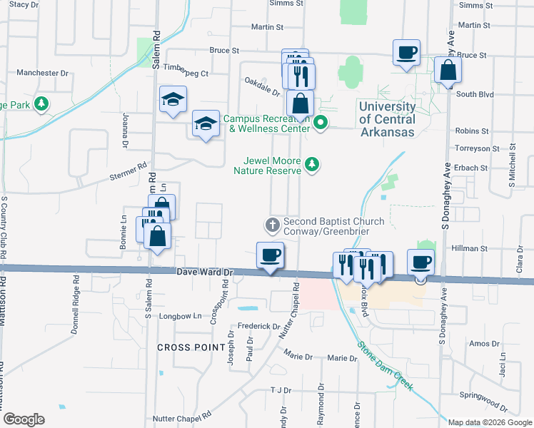 map of restaurants, bars, coffee shops, grocery stores, and more near 133 Oaklawn Drive in Conway