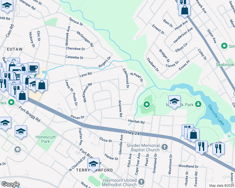 map of restaurants, bars, coffee shops, grocery stores, and more near 911 Anarine Road in Fayetteville