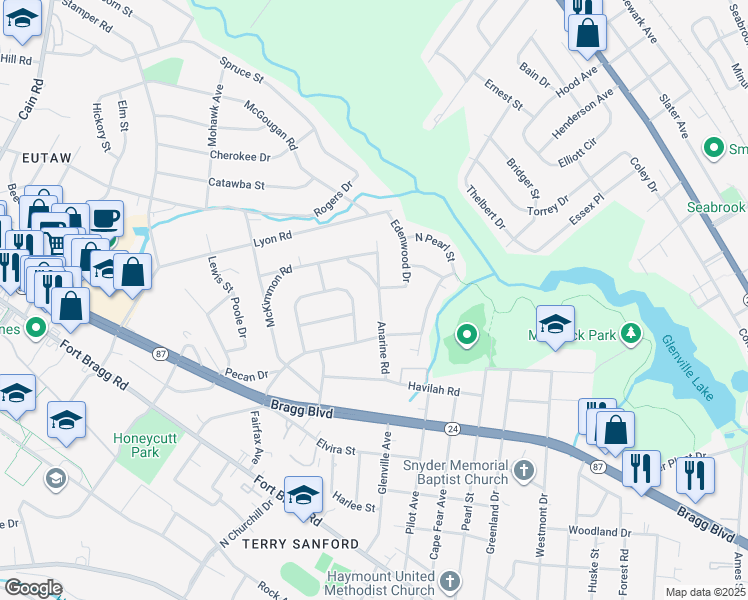map of restaurants, bars, coffee shops, grocery stores, and more near 915 Anarine Road in Fayetteville