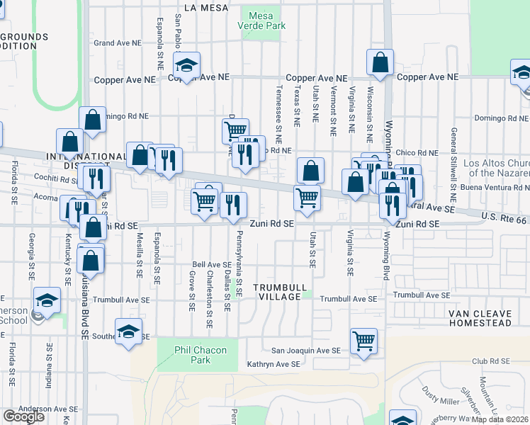 map of restaurants, bars, coffee shops, grocery stores, and more near 7915 Zuni Road Southeast in Albuquerque