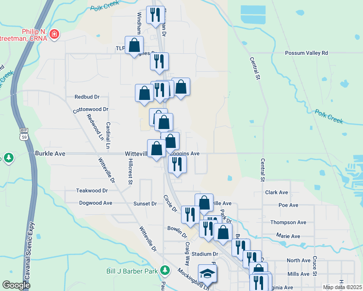 map of restaurants, bars, coffee shops, grocery stores, and more near 201 Coggins Avenue in Poteau