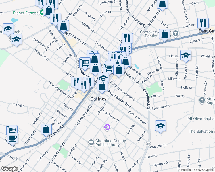 map of restaurants, bars, coffee shops, grocery stores, and more near 210 North Limestone Street in Gaffney