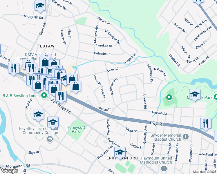 map of restaurants, bars, coffee shops, grocery stores, and more near 929 McKimmon Road in Fayetteville