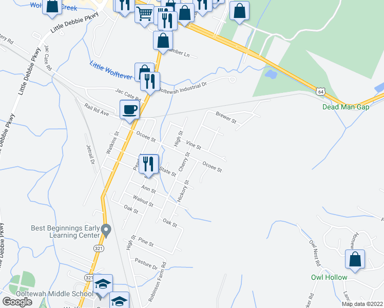 map of restaurants, bars, coffee shops, grocery stores, and more near 9603 Ocoee Street in Ooltewah