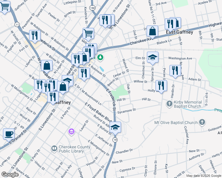 map of restaurants, bars, coffee shops, grocery stores, and more near 409 East Frederick Street in Gaffney