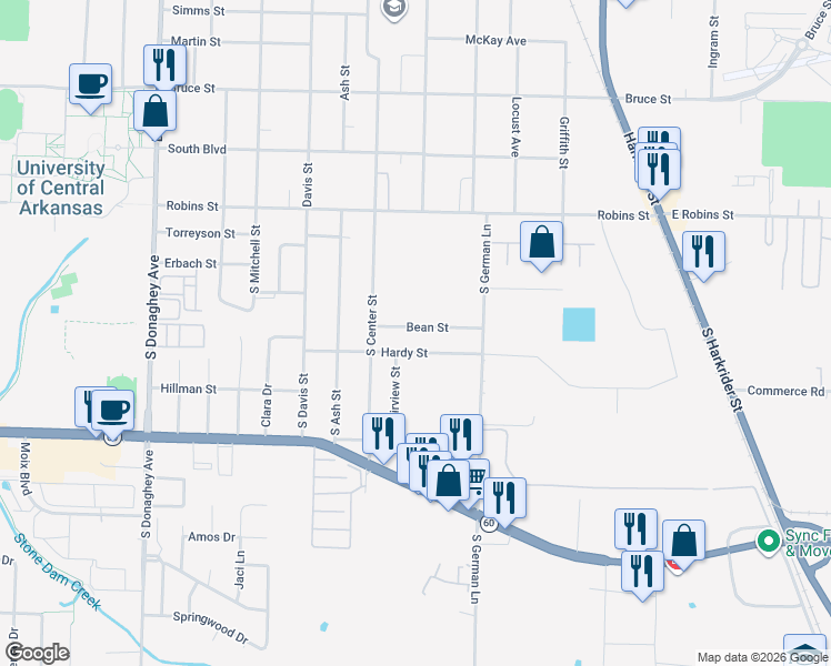 map of restaurants, bars, coffee shops, grocery stores, and more near 1433 Bean Street in Conway