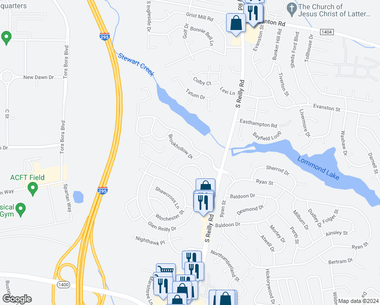 map of restaurants, bars, coffee shops, grocery stores, and more near 1004 Brookhollow Drive in Fayetteville