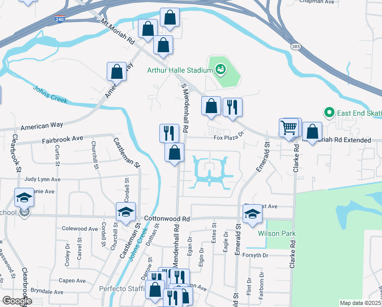 map of restaurants, bars, coffee shops, grocery stores, and more near 5377 Meadowlake Drive North in Memphis