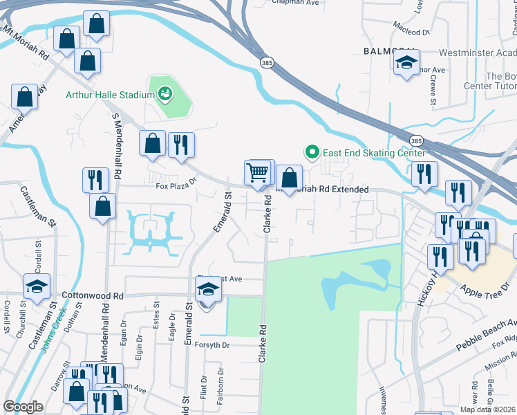map of restaurants, bars, coffee shops, grocery stores, and more near 2766 Clarke Road in Memphis