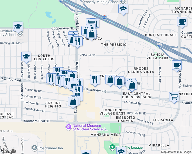 map of restaurants, bars, coffee shops, grocery stores, and more near 10716 Lagrange Park Drive Northeast in Albuquerque