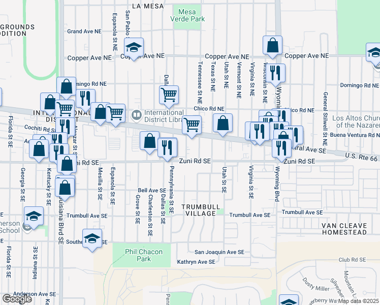 map of restaurants, bars, coffee shops, grocery stores, and more near 7915 Zuni Road Southeast in Albuquerque