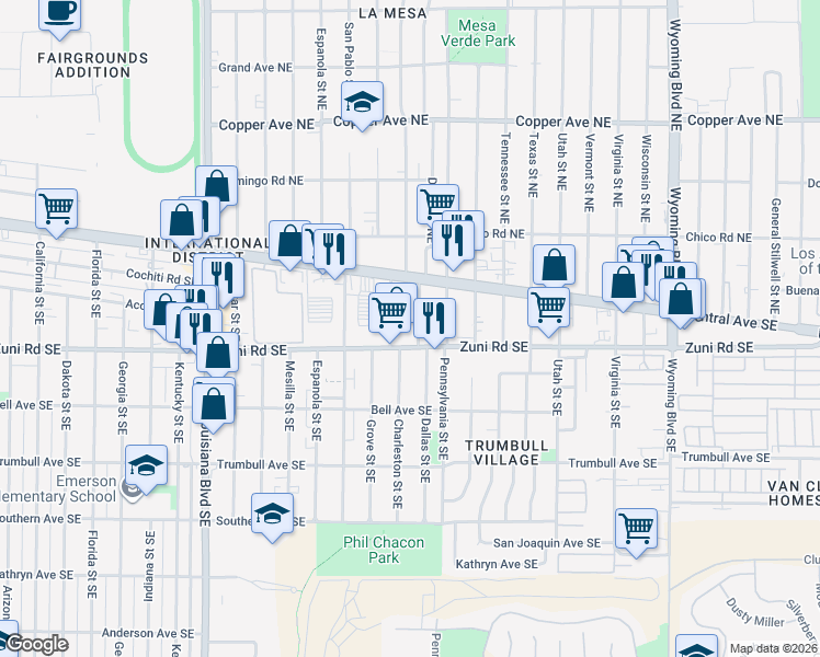 map of restaurants, bars, coffee shops, grocery stores, and more near 7801 Zuni Road Southeast in Albuquerque