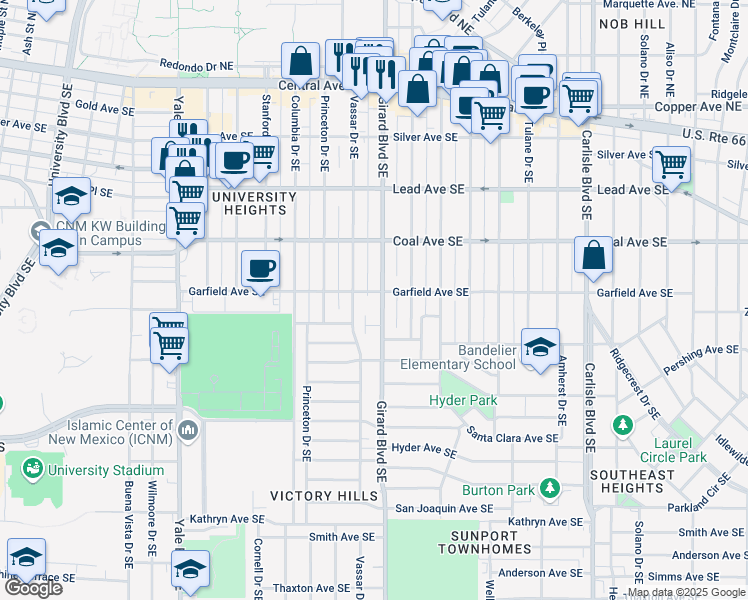 map of restaurants, bars, coffee shops, grocery stores, and more near 518 Vassar Drive Southeast in Albuquerque