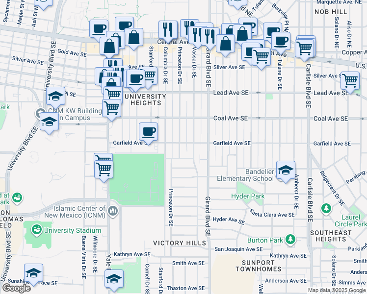 map of restaurants, bars, coffee shops, grocery stores, and more near 510 Princeton Drive Southeast in Albuquerque