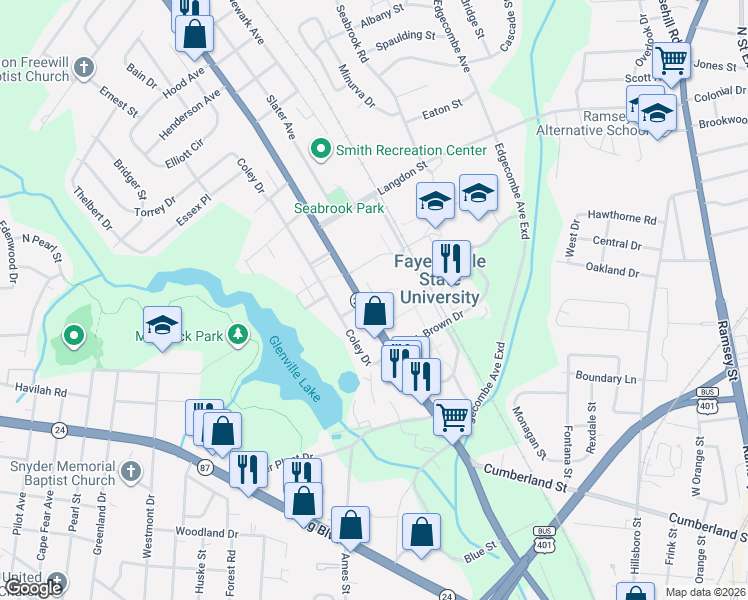 map of restaurants, bars, coffee shops, grocery stores, and more near 1280-1298 Murchison Road in Fayetteville