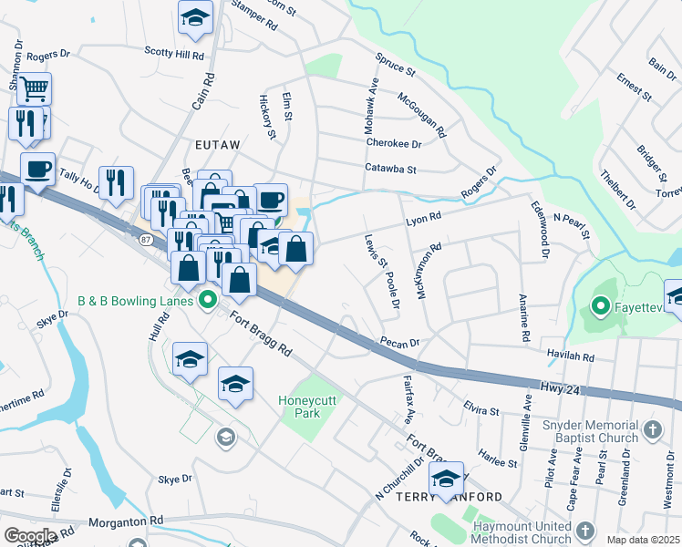 map of restaurants, bars, coffee shops, grocery stores, and more near 2412 Barrington Circle in Fayetteville