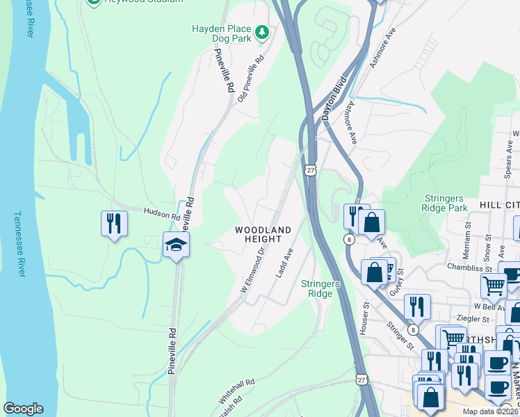map of restaurants, bars, coffee shops, grocery stores, and more near 987 West Elmwood Drive in Chattanooga
