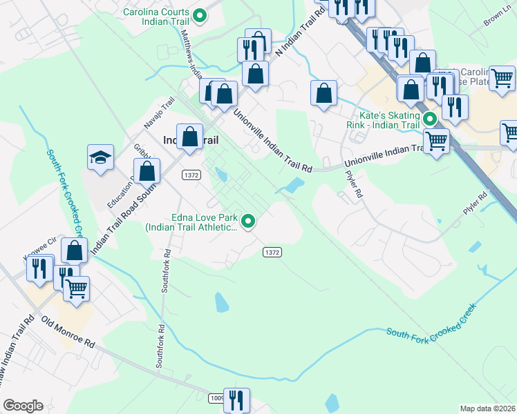 map of restaurants, bars, coffee shops, grocery stores, and more near 556 Silver Star Boulevard in Indian Trail