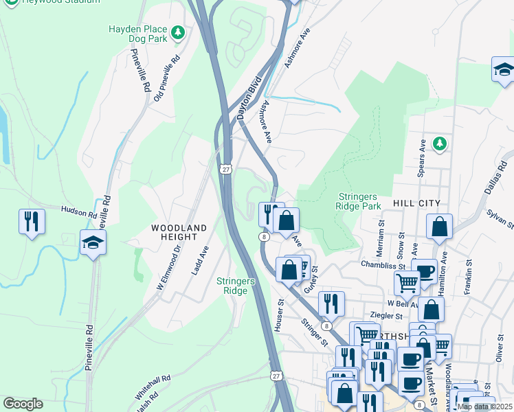 map of restaurants, bars, coffee shops, grocery stores, and more near 168 Whitehall Road in Chattanooga