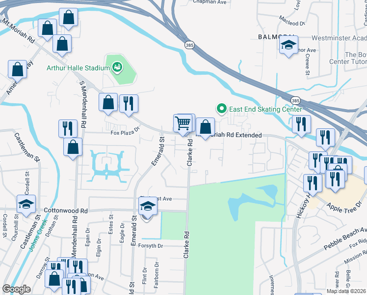 map of restaurants, bars, coffee shops, grocery stores, and more near 2766 Clarke Road in Memphis