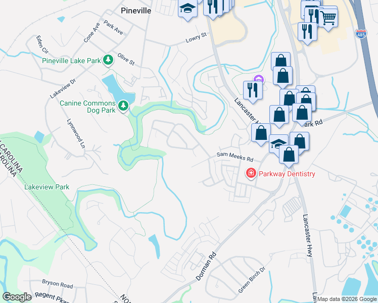 map of restaurants, bars, coffee shops, grocery stores, and more near 11833 Stratfield Place Circle in Pineville