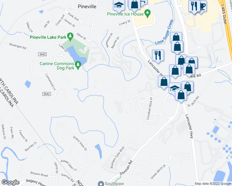 map of restaurants, bars, coffee shops, grocery stores, and more near 11913 Stratfield Place Circle in Pineville