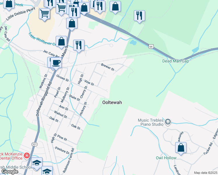 map of restaurants, bars, coffee shops, grocery stores, and more near 9625 Vine Street in Ooltewah