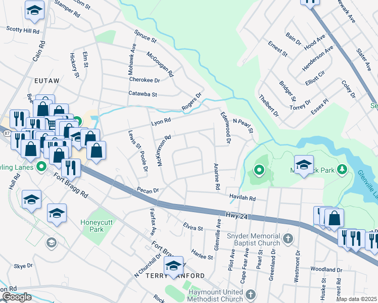 map of restaurants, bars, coffee shops, grocery stores, and more near 936 Chester Circle in Fayetteville