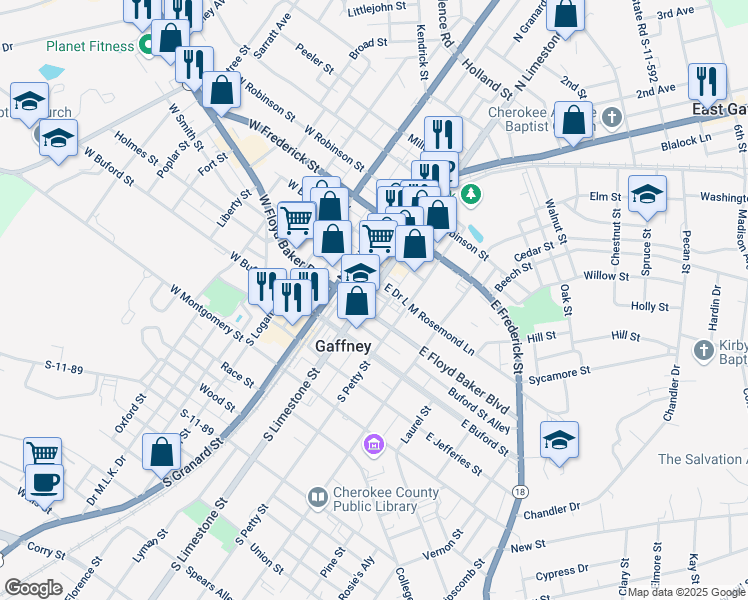 map of restaurants, bars, coffee shops, grocery stores, and more near 210 North Limestone Street in Gaffney