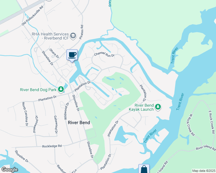 map of restaurants, bars, coffee shops, grocery stores, and more near 142 Quarterdeck Townhouses in New Bern