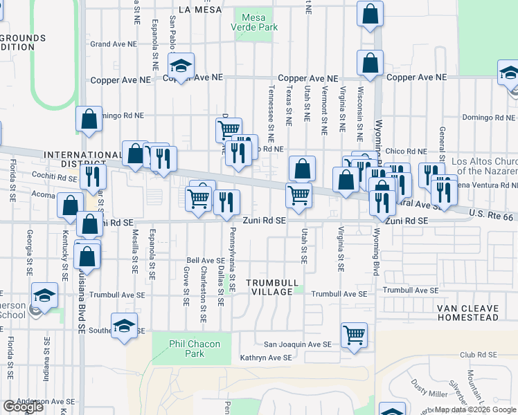 map of restaurants, bars, coffee shops, grocery stores, and more near 134 Rhode Island Street Southeast in Albuquerque