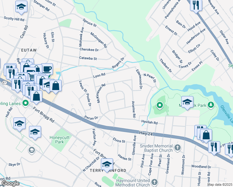 map of restaurants, bars, coffee shops, grocery stores, and more near 936 Chester Circle in Fayetteville