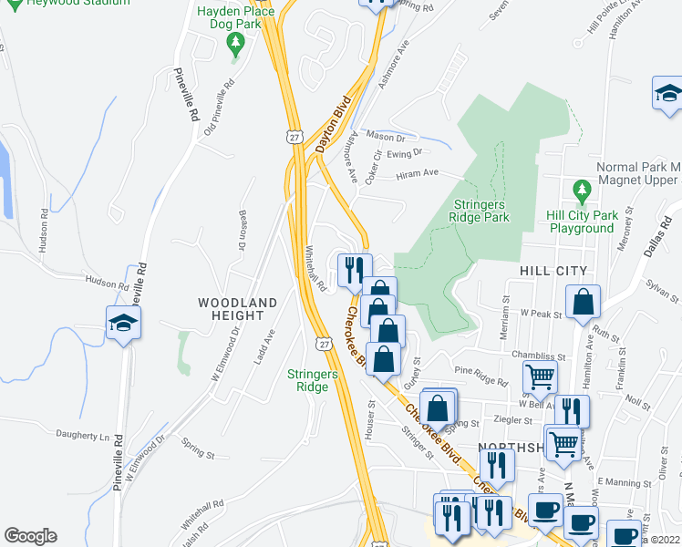 map of restaurants, bars, coffee shops, grocery stores, and more near 1131 Stringers Ridge Road in Chattanooga