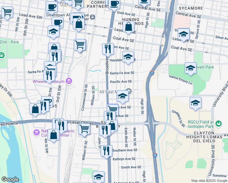 map of restaurants, bars, coffee shops, grocery stores, and more near 1012 Broadway Boulevard Southeast in Albuquerque