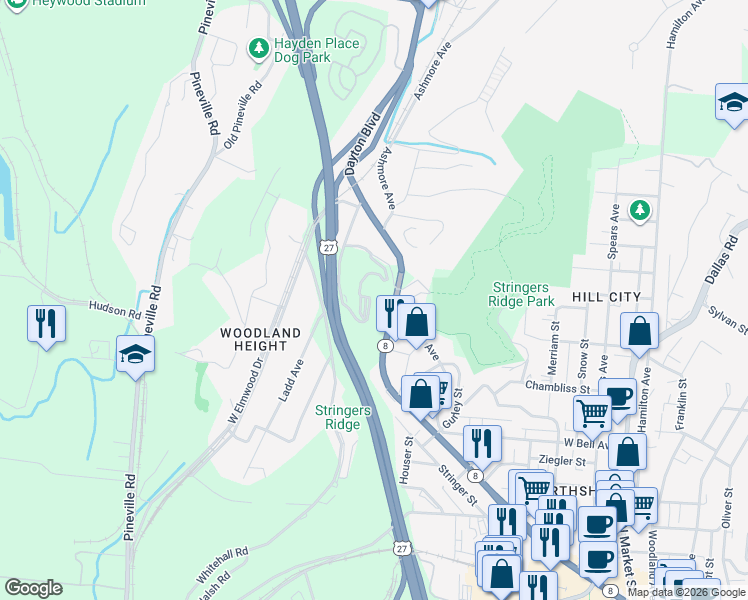 map of restaurants, bars, coffee shops, grocery stores, and more near 168 Whitehall Road in Chattanooga
