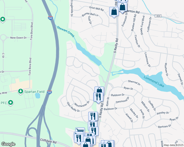 map of restaurants, bars, coffee shops, grocery stores, and more near 1002 Brookhollow Drive in Fayetteville