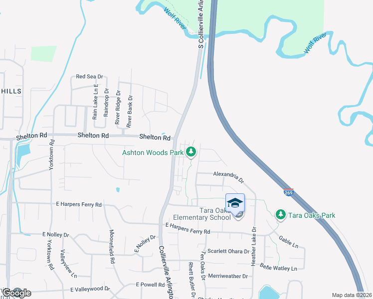 map of restaurants, bars, coffee shops, grocery stores, and more near 1256 Oak Creek Drive in Collierville