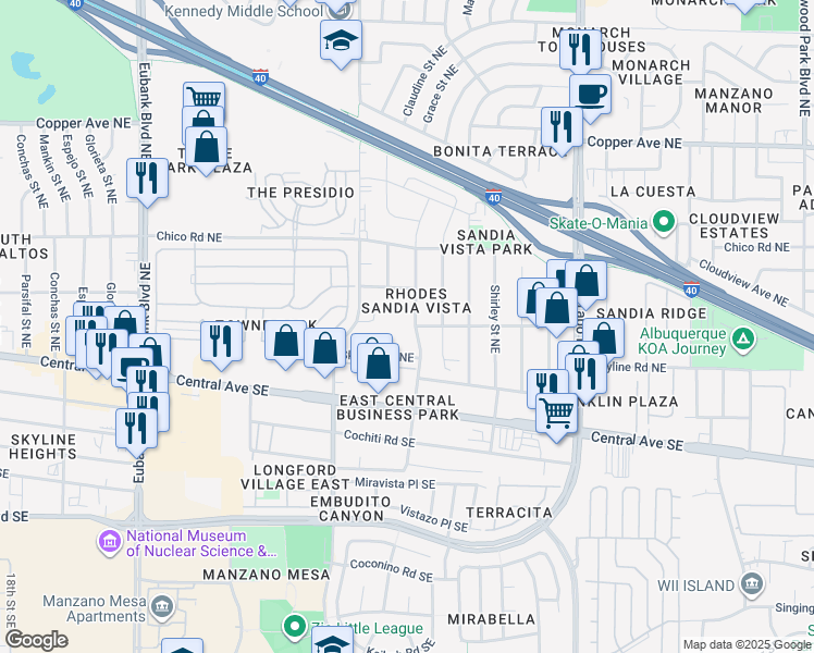 map of restaurants, bars, coffee shops, grocery stores, and more near 11117 Skyline Road Northeast in Albuquerque