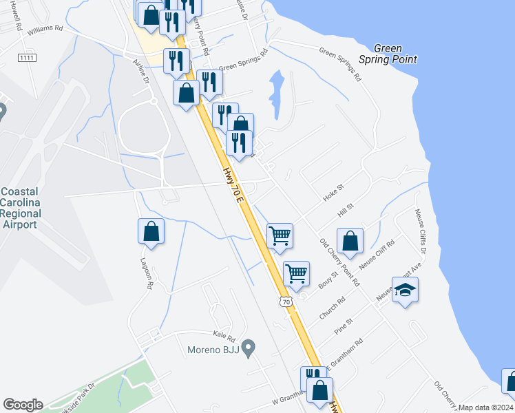map of restaurants, bars, coffee shops, grocery stores, and more near 1604 U.S. 70 in New Bern