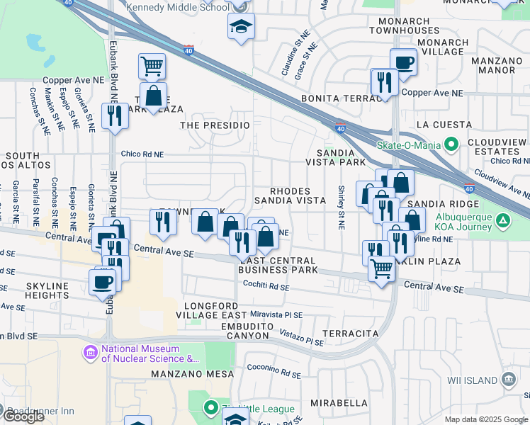 map of restaurants, bars, coffee shops, grocery stores, and more near 11117 Skyline Road Northeast in Albuquerque