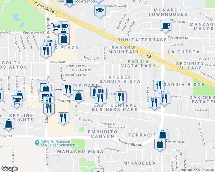 map of restaurants, bars, coffee shops, grocery stores, and more near 11009 Skyline Road Northeast in Albuquerque