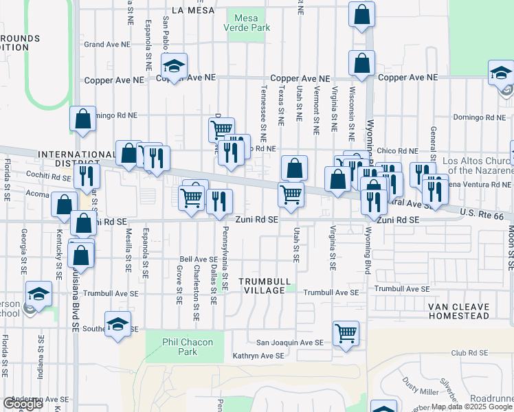 map of restaurants, bars, coffee shops, grocery stores, and more near 147 Tennessee Street Northeast in Albuquerque